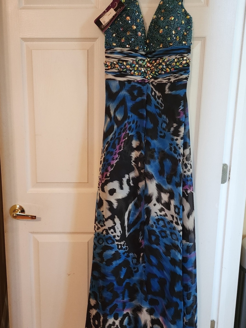 Mac Duggal Blue and Teal Beaded Leopard Print Prom Gown